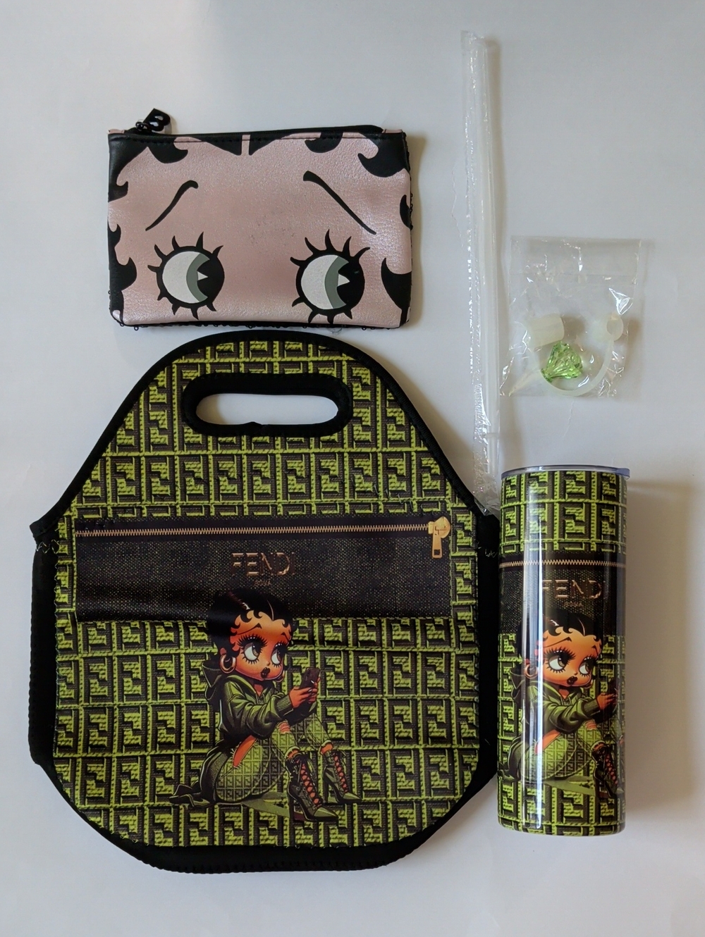 Fashion Betty Boop Fendi Green Patterned Lunch Bag Set NEW